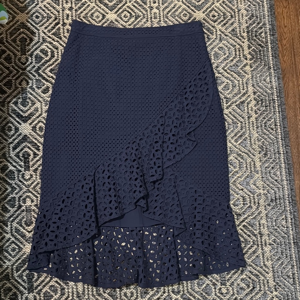 Trina Turk Blue Asymmetrical Ruffled Midi Pencil Skirt